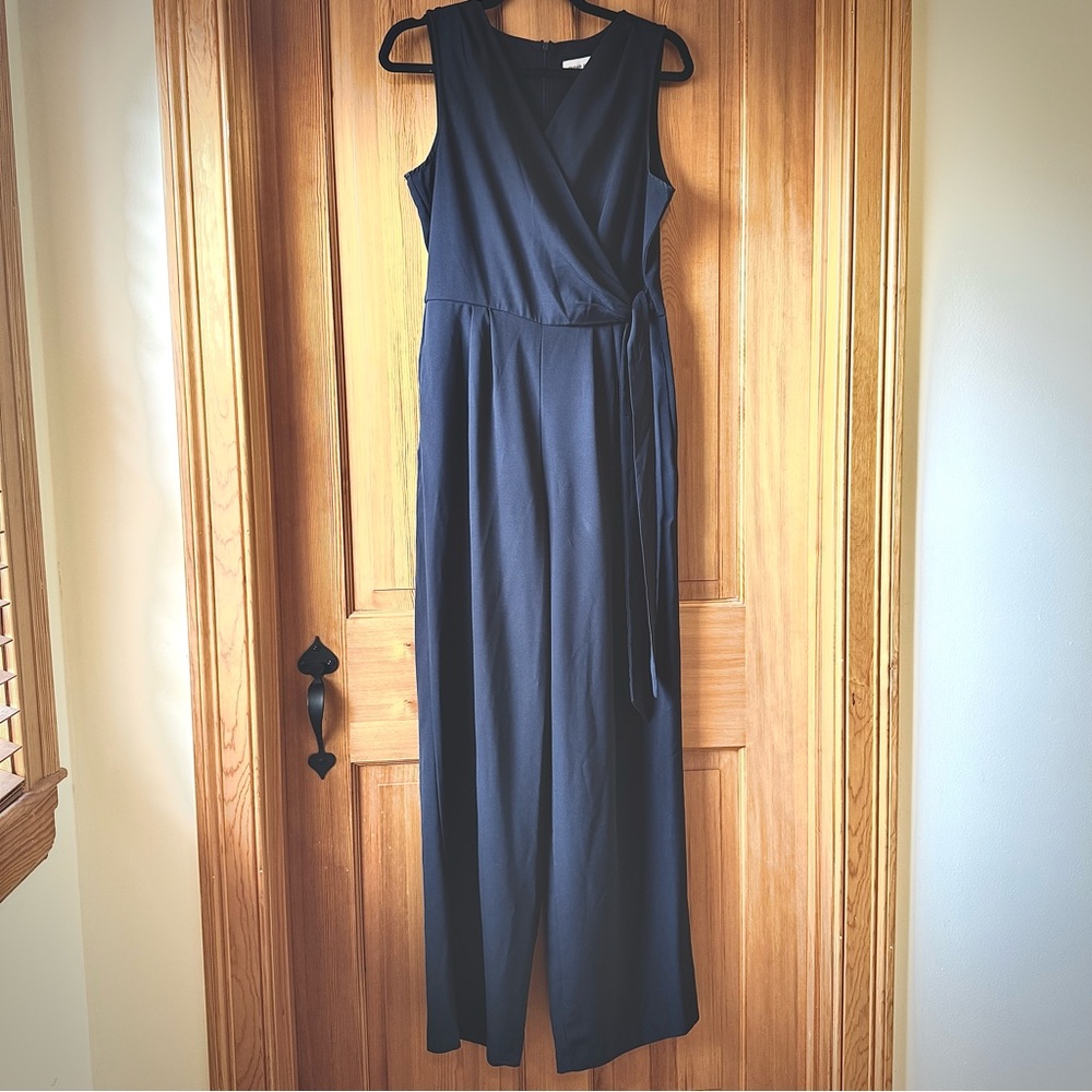 Emma and Michele Navy Sleeveless Jumpsuit with Surplice Faux Wrap neck